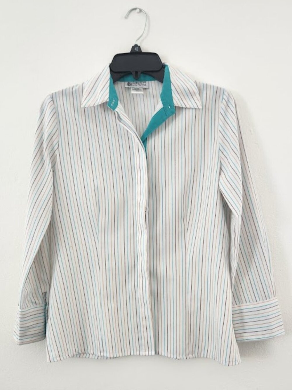 Executive Uniforms Striped Button Down Blouse Shirt XS Teal Blue Tan White - Picture 9 of 16